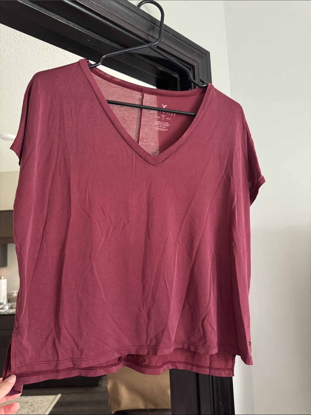 American Eagle Outfitters V-Neck Short Sleeve Tee in Burgundy